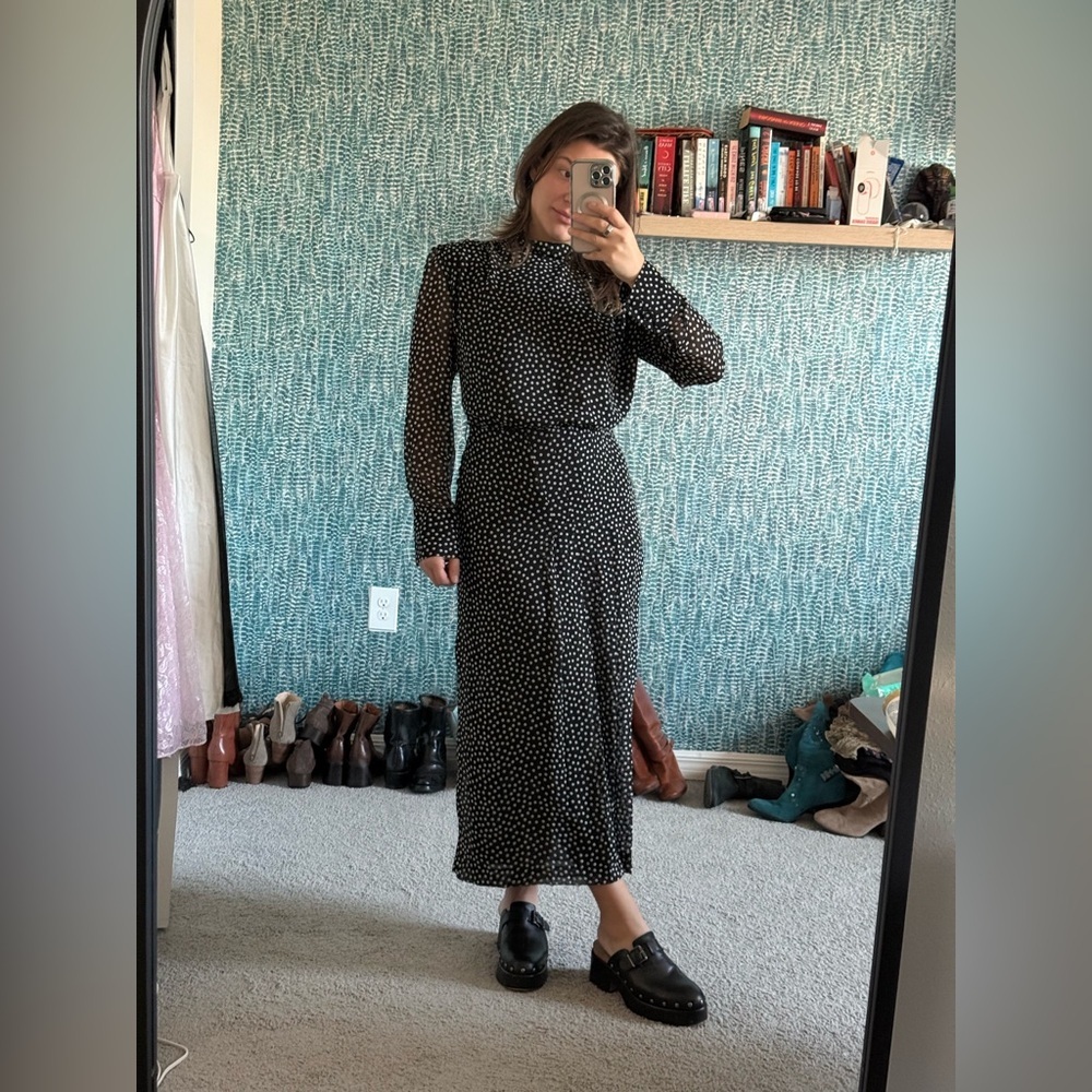 Zara Long sleeve mock neck sheer Elegant Black Polka Dot Dress size medium